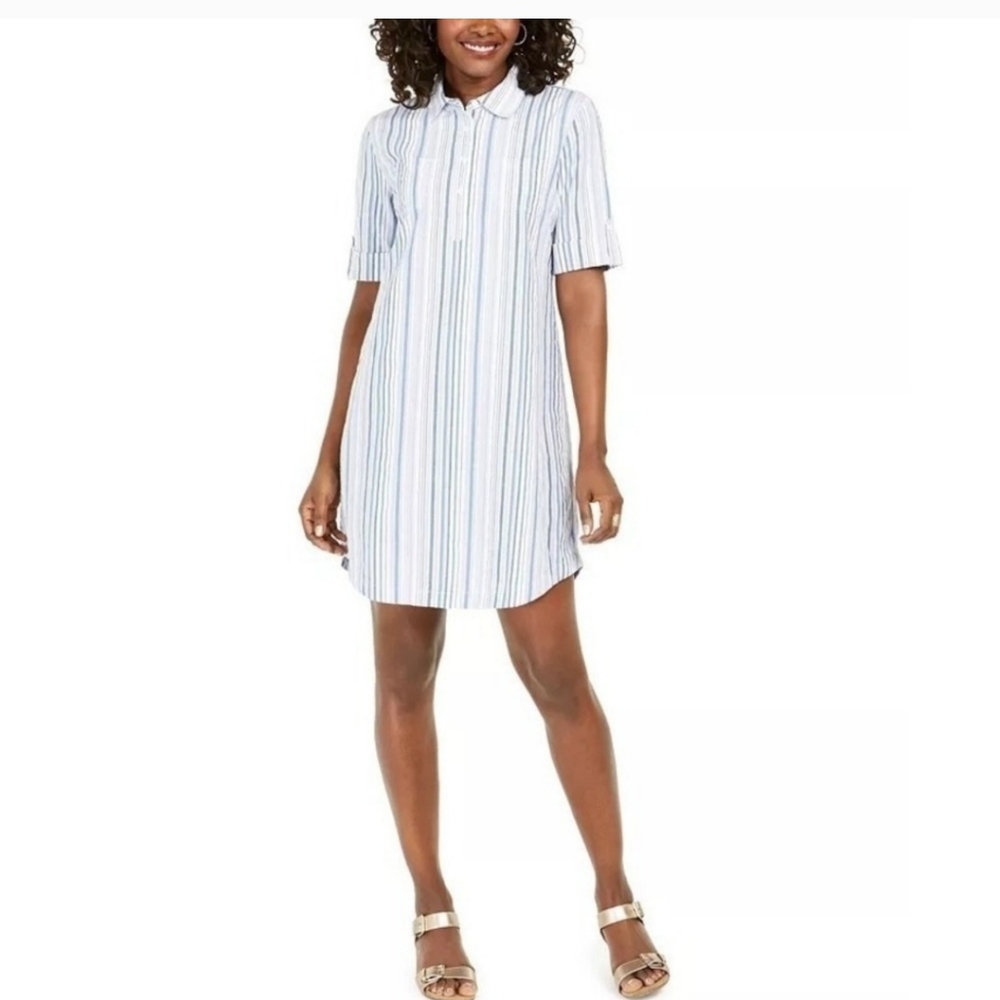 Karen Scott Seersucker Shirtdress Persian Blue Combo S